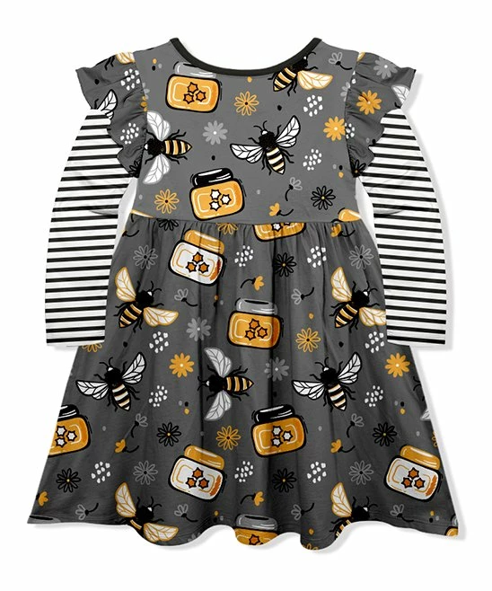 Best Sale ✔️ Flash Sale 🎉 Penelope Plumm Black & Dark Gray Floral Bees Angel-Sleeve 👗 👗 Dress - Toddler & 👧 Girls 🌟 🔥 - Image 2