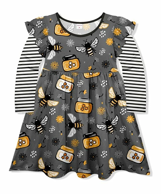 Best Sale ✔️ Flash Sale 🎉 Penelope Plumm Black & Dark Gray Floral Bees Angel-Sleeve 👗 👗 Dress - Toddler & 👧 Girls 🌟 🔥