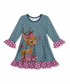 Best Pirce ❤️ Coupon ⭐ Penelope Plumm Slate Gray Dot Floral Deer Ruffle Shift 👗 👗 Dress - Toddler & 👧 Girls 👍 🎁