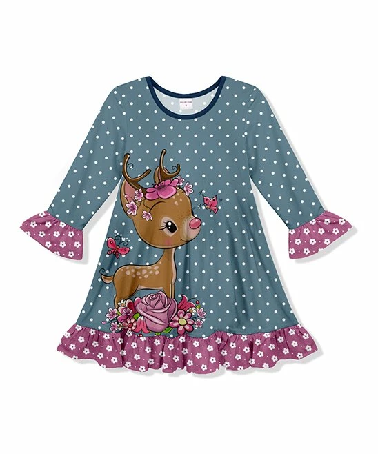 Best Pirce โค๏ธ Coupon โญ Penelope Plumm Slate Gray Dot Floral Deer Ruffle Shift ๐ ๐ Dress - Toddler & ๐ง Girls ๐ ๐