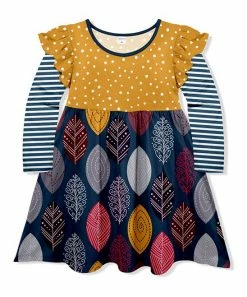 Top 10 🤩 Wholesale 🤩 Penelope Plumm Canary Dot & Dark Navy Stripe Leaf Ruffle-Sleeve 👗 👗 Dress - Toddler & 👧 Girls 😍 ⌛