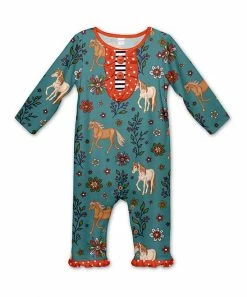 Wholesale 🥰 Brand new ❤️ Penelope Plumm Dark Cyan Floral Horse Button Ruffle Playsuit 😍 👍