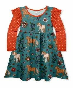 Best deal ๐ Top 10 ๐ฏ Penelope Plumm Orange Red Dot & Teal Floral Horse Ruffle-Sleeve ๐ ๐ Dress - Toddler & ๐ง Girls ๐ โญ
