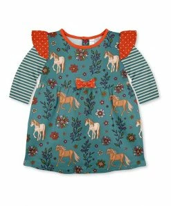 Wholesale 🎁 Buy 😍 Penelope Plumm Dark Cyan & Orange Floral Horse Bow Angel-Sleeve 👗 👗 Dress ❤️ ❤️