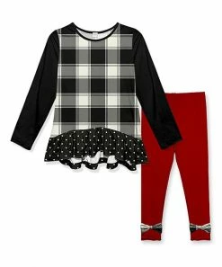 Brand new 💯 Coupon ⭐ Penelope Plumm Black Plaid Ruffle-Hem Tunic & Red Bow Leggings - 👧 Girls 🔔 🌟