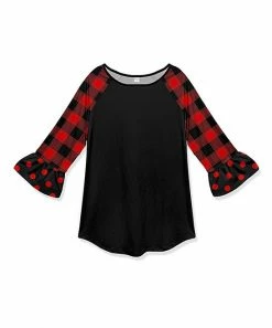 Budget โค๏ธ Buy ๐ Penelope Plumm Red & Black Plaid Ruffle-Sleeve Raglan Tunic - ๐ง Girls ๐ ๐