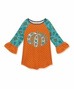 Best reviews of ⌛ Flash Sale 👍 Penelope Plumm Teal & Orange Floral Polka Dot Pumpkin Ruffle-Sleeve Raglan Tunic - 👧 Girls 🤩 🔥