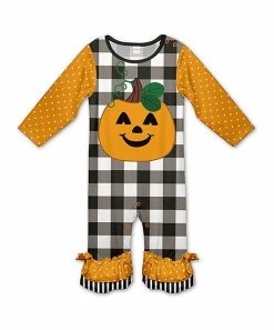 Best Pirce 👏 Wholesale 👏 Penelope Plumm Fire Orange & Black Plaid Pumpkin Ruffle-Accent Playsuit - Infant 👍 🎉