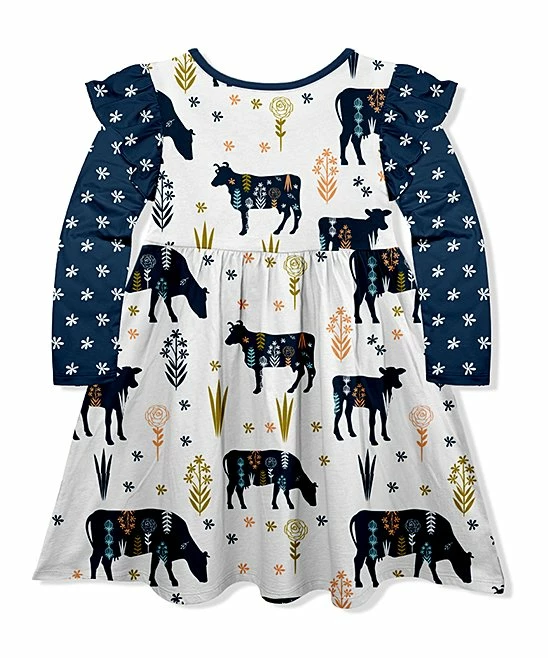 Cheap ๐ Discount โ๏ธ Penelope Plumm Dark Navy & White Floral Cattle Ruffle Angel-Sleeve ๐ ๐ Dress - Toddler & ๐ง Girls ๐ ๐ - Image 2