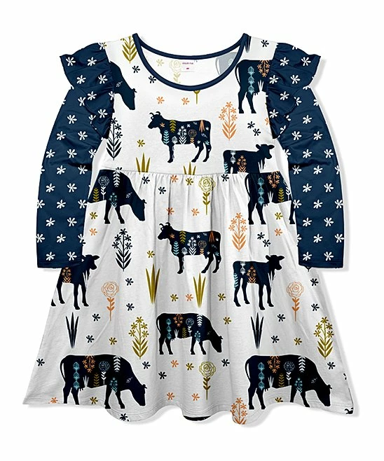 Cheap ๐ Discount โ๏ธ Penelope Plumm Dark Navy & White Floral Cattle Ruffle Angel-Sleeve ๐ ๐ Dress - Toddler & ๐ง Girls ๐ ๐