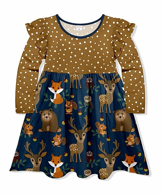 Promo ๐ Best deal ๐ฏ Penelope Plumm Peanut & Dark Navy Polak Dot Animals Ruffle Angel-Sleeve ๐ ๐ Dress - Toddler & ๐ง Girls โค๏ธ ๐ฅ