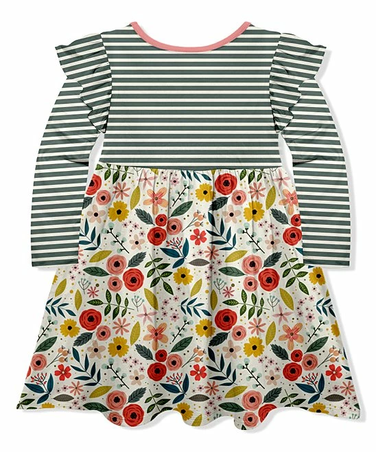 Best deal ๐ Wholesale โญ Penelope Plumm Dark Gray & Ecru Stripe Floral Angel-Sleeve ๐ ๐ Dress - ๐ง Girls โจ ๐ - Image 2