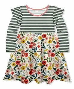 Best deal ๐ Wholesale โญ Penelope Plumm Dark Gray & Ecru Stripe Floral Angel-Sleeve ๐ ๐ Dress - ๐ง Girls โจ ๐