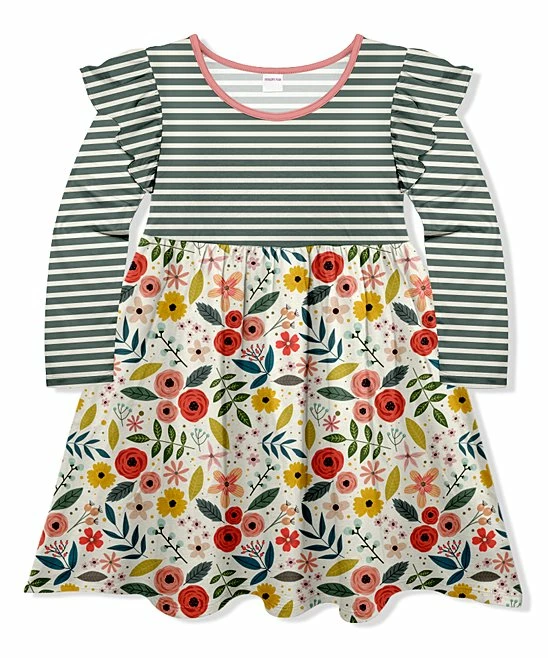 Best deal ๐ Wholesale โญ Penelope Plumm Dark Gray & Ecru Stripe Floral Angel-Sleeve ๐ ๐ Dress - ๐ง Girls โจ ๐