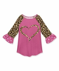 Best deal ๐ Brand new โ๏ธ Penelope Plumm Gold & Hot Pink Leopard Heart Ruffle Raglan Tunic - Toddler & ๐ง Girls ๐ฅฐ ๐
