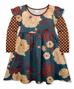 Brand new ✨ Top 10 ✔️ Penelope Plumm Brown & Ash Blue Dot Floral Ruffle Angel-Sleeve 👗 👗 Dress - Toddler & 👧 Girls ✔️ 🔔