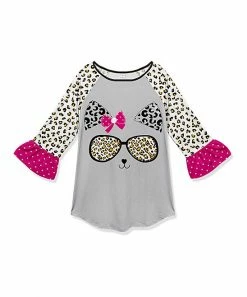 Deals 🛒 Brand new ⭐ Penelope Plumm Gray & Pink Leopard Cat Face Ruffle Raglan Tunic - Toddler & 👧 Girls 🔥 🎉