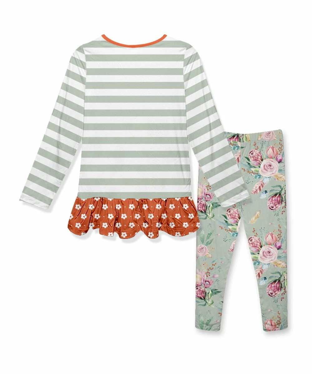 Best Sale ๐คฉ Best Pirce ๐ฏ Penelope Plumm Pistachio Stripe Unicorn Ruffle-Hem Tunic Set - ๐ง Girls ๐ ๐ฅฐ - Image 2