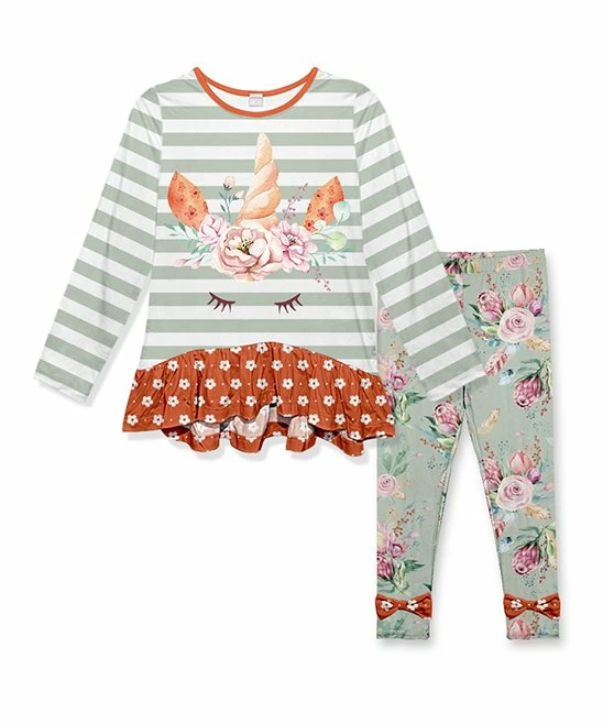 Best Sale ๐คฉ Best Pirce ๐ฏ Penelope Plumm Pistachio Stripe Unicorn Ruffle-Hem Tunic Set - ๐ง Girls ๐ ๐ฅฐ