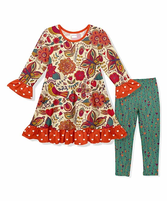 Hot Sale ๐ Budget โค๏ธ Penelope Plumm Dark Orange Floral Ruffle Shift ๐ ๐ Dress & Ocean Leaves Leggings - Toddler & ๐ง Girls โ ๐คฉ