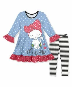 Best Sale ✨ Coupon 💯 Penelope Plumm Cerulean Heart & Cat Ruffle Shift 👗 👗 Dress & Black Stripe Leggings - Toddler & 👧 Girls 🤩 🎁
