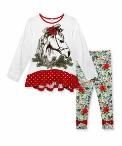 Best reviews of ✔️ Discount 🧨 Penelope Plumm White Horse Ruffle Tunic & Red Floral Bow Leggings - Toddler & 👧 Girls 🔥 🥰