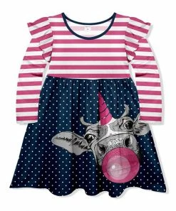 Best Sale 🔔 Deals 🔥 Penelope Plumm Hot Pink & Dark Navy Stripe Dots Cattle Angel-Sleeve 👗 👗 Dress - 👧 Girls ✔️ 😉