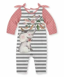 Brand new ❤️ Best Pirce 👏 Penelope Plumm Rose Pink & Gray Dot Stripe Elephant Knot-Shoulder Playsuit - Infant & Toddler 🎁 🔥