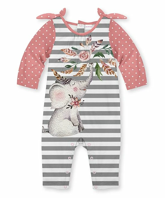 Brand new โค๏ธ Best Pirce ๐ Penelope Plumm Rose Pink & Gray Dot Stripe Elephant Knot-Shoulder Playsuit - Infant & Toddler ๐ ๐ฅ