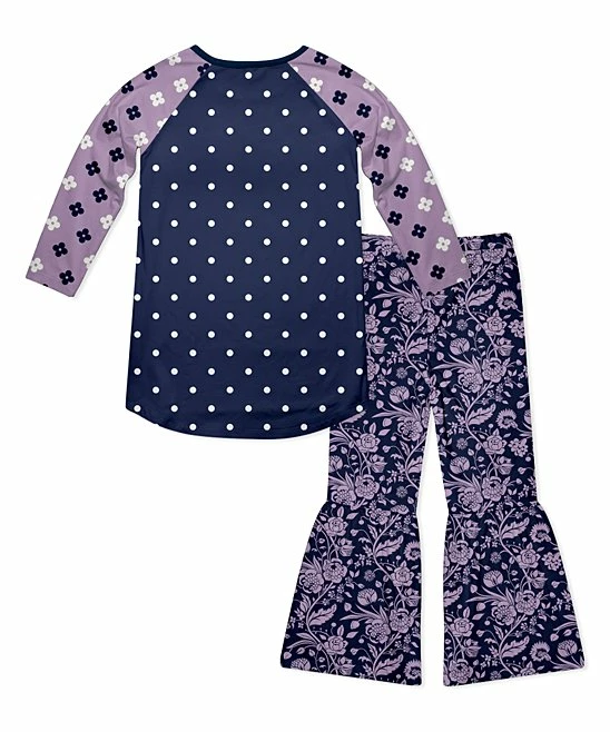 Best deal 👏 Deals ✔️ Penelope Plumm Medium Orchid & Dark Navy Floral Raglan Tunic & Navy Floral Ruffle-Hem Pants - 👧 Girls ✔️ 🛒 - Image 2