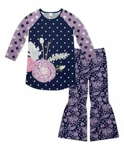 Best deal 👏 Deals ✔️ Penelope Plumm Medium Orchid & Dark Navy Floral Raglan Tunic & Navy Floral Ruffle-Hem Pants - 👧 Girls ✔️ 🛒