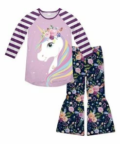 Cheapest โ๏ธ Best deal โ๏ธ Penelope Plumm Purple & Lavender Unicorn Raglan Tunic & Navy Floral Ruffle-Hem Pants - Toddler & ๐ง Girls ๐ฅ ๐