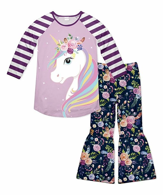 Cheapest โ๏ธ Best deal โ๏ธ Penelope Plumm Purple & Lavender Unicorn Raglan Tunic & Navy Floral Ruffle-Hem Pants - Toddler & ๐ง Girls ๐ฅ ๐