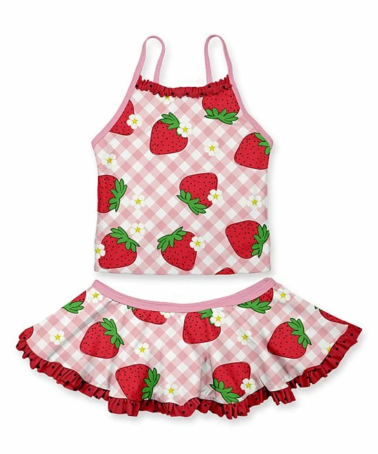Brand new โ๏ธ Coupon ๐ Penelope Plumm Pink Plaid & Strawberry ๐ ๐ Skirted Tankini - Toddler & ๐ง Girls โจ ๐