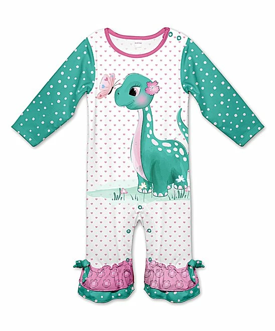 Best reviews of ⭐ Coupon 🔥 Penelope Plumm Light Sea Green & White Heart Dinosaur Ruffle-Hem Playsuit - Infant & Toddler 😍 ❤️