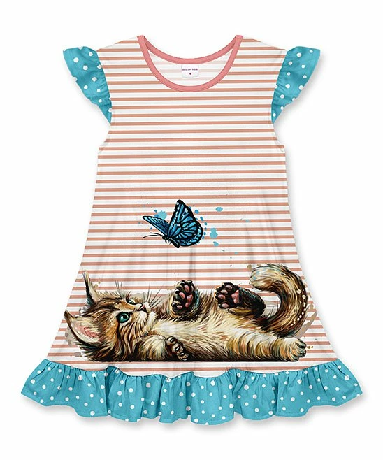Discount 🎉 Deals 🤩 Penelope Plumm Salmon & Blue Cat & Butterfly Ruffle Angel-Sleeve 👗 👗 Dress - Toddler & 👧 Girls 🤩 🌟