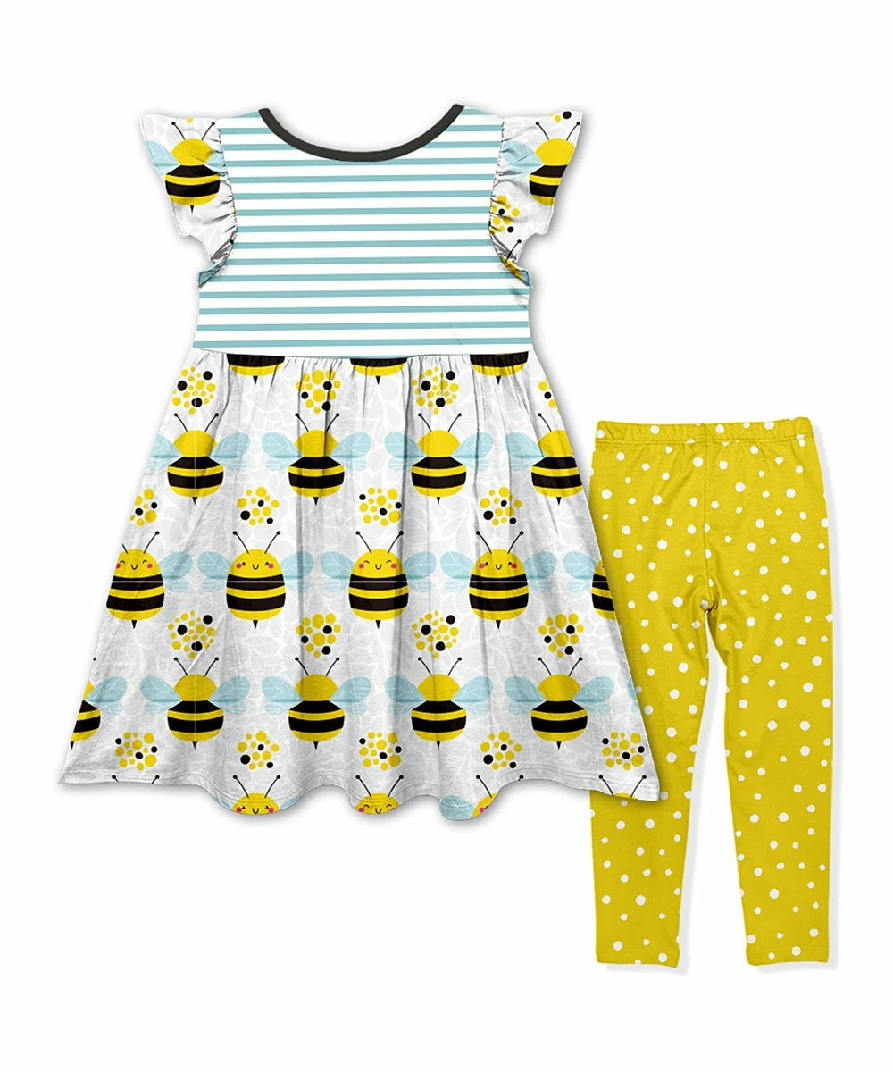Wholesale โ๏ธ Deals ๐ Penelope Plumm Light Blue Stripe Bees Angel-Sleeve ๐ ๐ Dress & Yellow Dot Leggings - Toddler & ๐ง Girls ๐ฅ โจ - Image 2