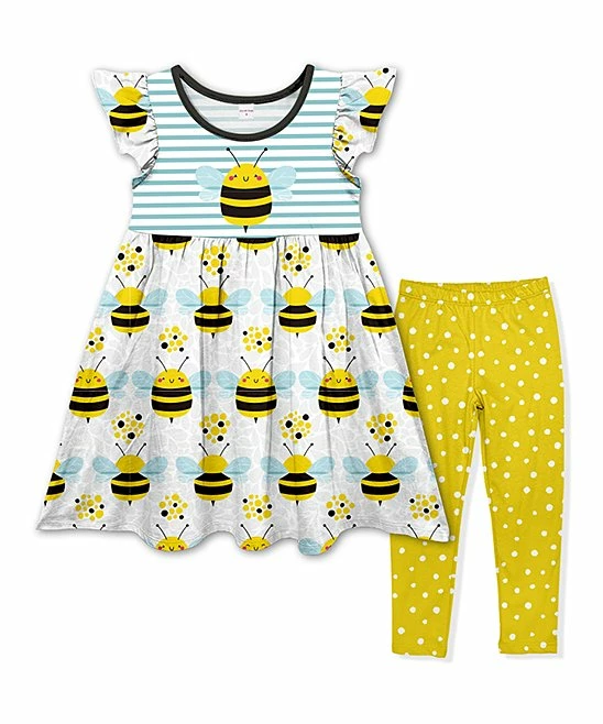 Wholesale โ๏ธ Deals ๐ Penelope Plumm Light Blue Stripe Bees Angel-Sleeve ๐ ๐ Dress & Yellow Dot Leggings - Toddler & ๐ง Girls ๐ฅ โจ