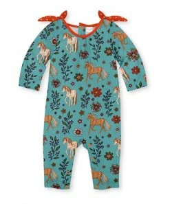 Wholesale ❤️ Outlet 😉 Penelope Plumm Teal Floral Horses Knot Playsuit - Infant & Toddler ✔️ ❤️