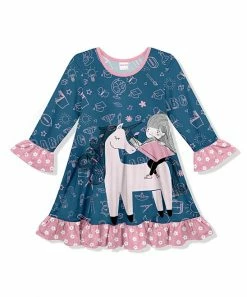 Coupon 😀 Coupon 👍 Penelope Plumm Steel Blue & Pink Unicorn & Girl Ruffle Trim Shift 👗 👗 Dress - Toddler & 👧 Girls 🌟 ❤️