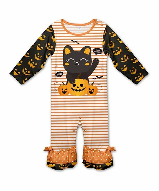 Coupon ๐ Wholesale ๐ฏ Penelope Plumm Black & Orange Stripe Cat & Jack-o'-Lanterns Ruffle-Hem Playsuit - Infant ๐ฅ ๐คฉ