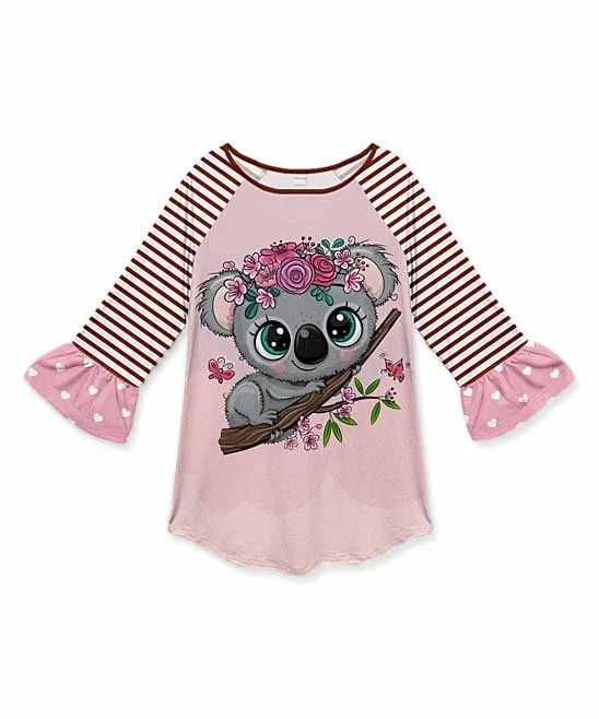 Best Sale โจ Promo โ Penelope Plumm Brown & Pink Floral Koala Ruffle Raglan Tunic - Toddler & ๐ง Girls โญ ๐ฏ