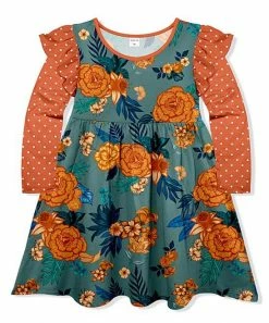 Wholesale 😀 Budget 👏 Penelope Plumm Orange & Dark Cyan Dot Floral Ruffle Angel-Sleeve 👗 👗 Dress - Toddler & 👧 Girls ✨ 😀