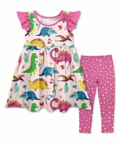 Coupon 🤩 Top 10 👏 Penelope Plumm Pink Leaf Dinosaur Angel-Sleeve 👗 👗 Dress & Hot Pink Dot Leggings - Toddler & 👧 Girls 😍 💯