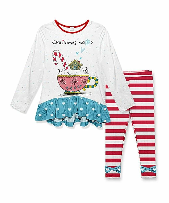 Hot Sale ๐ New ๐ Penelope Plumm White ๐ฌ ๐ฌ Candy Cane Mug Ruffle Tunic & Red Stripe Bow Pants - ๐ง Girls ๐ ๐