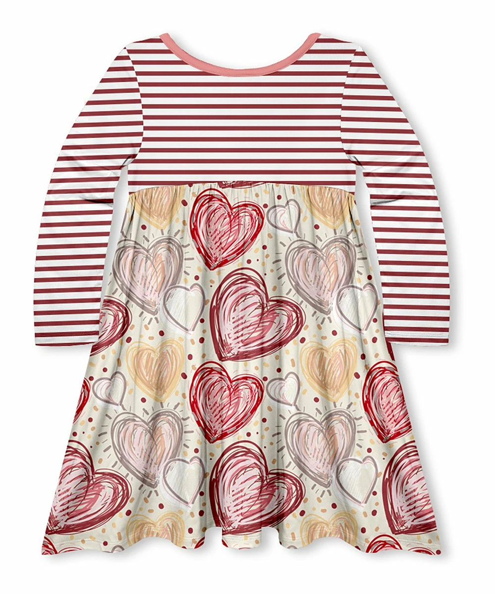 Budget โค๏ธ Wholesale ๐ Penelope Plumm Dark Red & Beige Heart Stripe Babydoll ๐ ๐ Dress - Toddler & ๐ง Girls โญ ๐งจ - Image 2