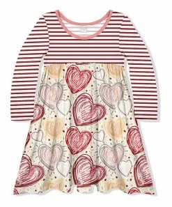 Budget โค๏ธ Wholesale ๐ Penelope Plumm Dark Red & Beige Heart Stripe Babydoll ๐ ๐ Dress - Toddler & ๐ง Girls โญ ๐งจ