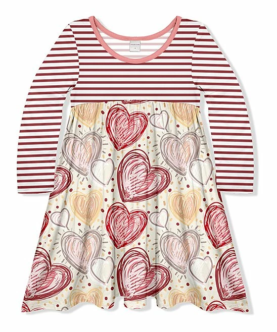 Budget โค๏ธ Wholesale ๐ Penelope Plumm Dark Red & Beige Heart Stripe Babydoll ๐ ๐ Dress - Toddler & ๐ง Girls โญ ๐งจ