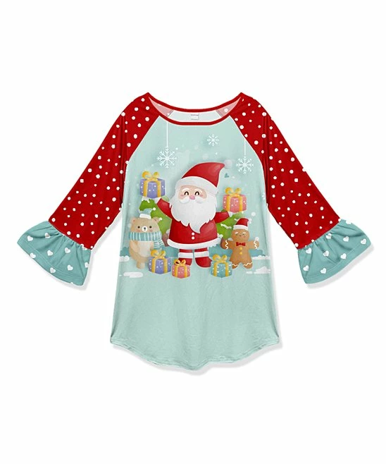 Best deal ๐ Cheap โจ Penelope Plumm Red & Sky Polka Dot Gift Santa Ruffle Raglan Tunic - Toddler ๐ ๐