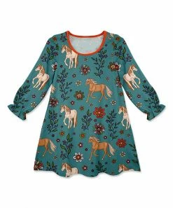 Top 10 😉 Brand new ⌛ Penelope Plumm Teal Floral Horse Puff-Sleeve Shift 👗 👗 Dress - Toddler 🎉 ✔️